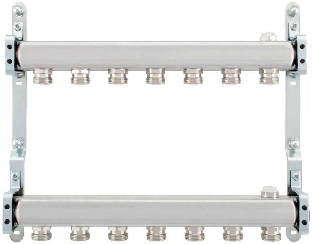 Rvs collector set 4/4"-7 X 3/4"EK met ontluchter + muurbevestiging