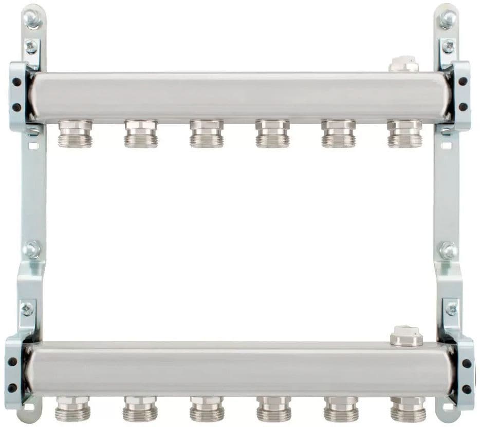 Rvs collector set 4/4"-6 X 3/4"EK met ontluchter + muurbevestiging